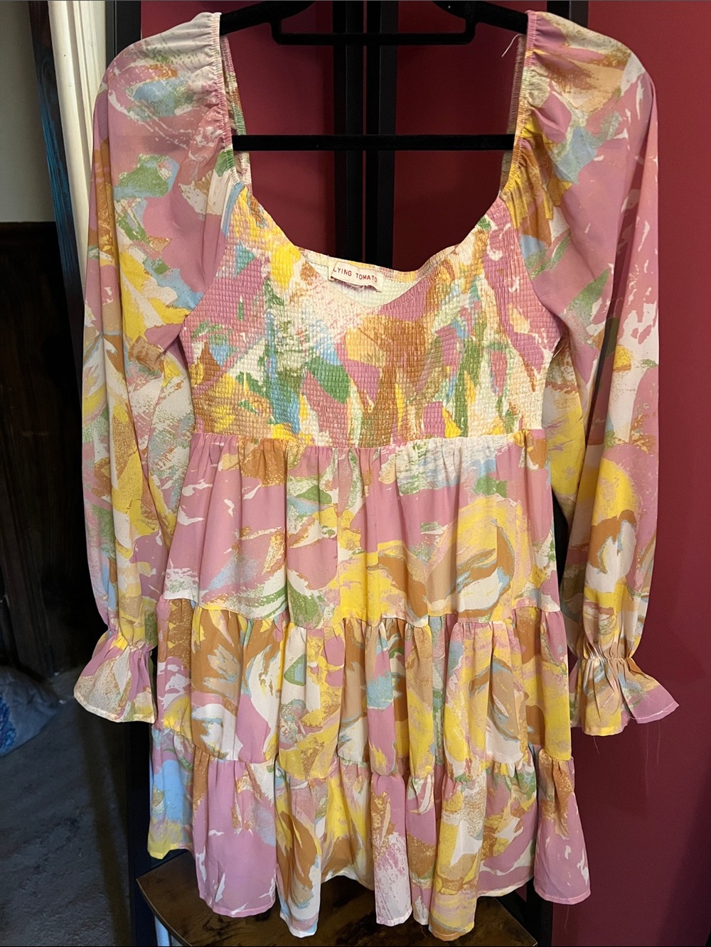 Flying Tomato Pastel Abstract Tiered Dress - Pink, Yellow, Green